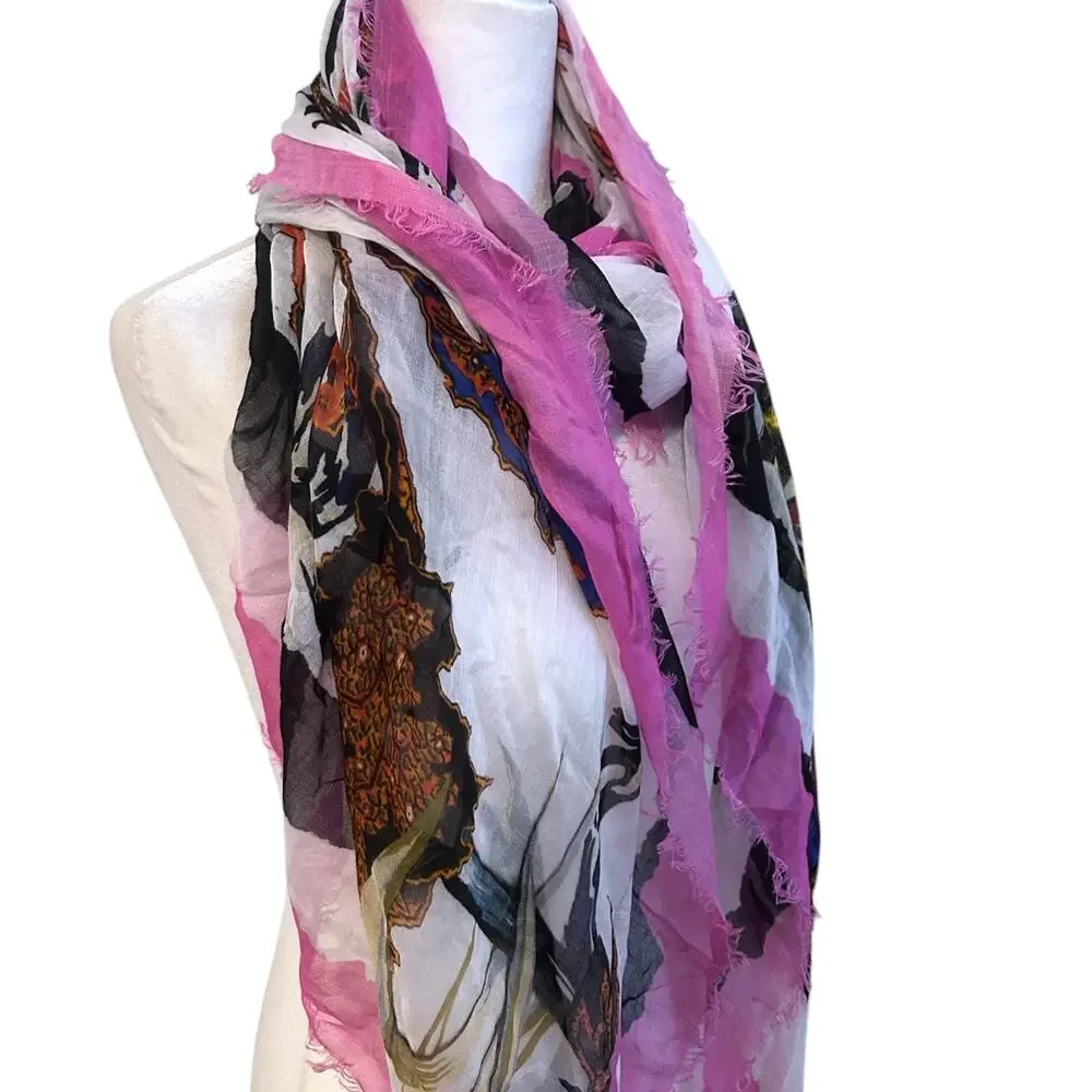 Balenciaga Square Scarf Wrap Floral Motif Pink White